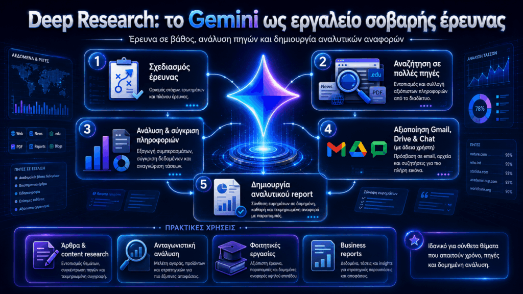 Gemini AI 2026: Πλάνα, τιμές, χαρακτηριστικά, εργαλεία Google και ποια έκδοση αξίζει 5 gemini deep research